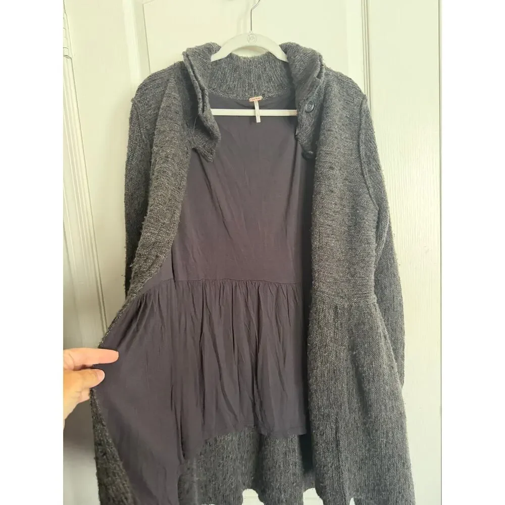 Free People Gray Chunky Wool Peplum Sweater Coat Button Front Sz Large